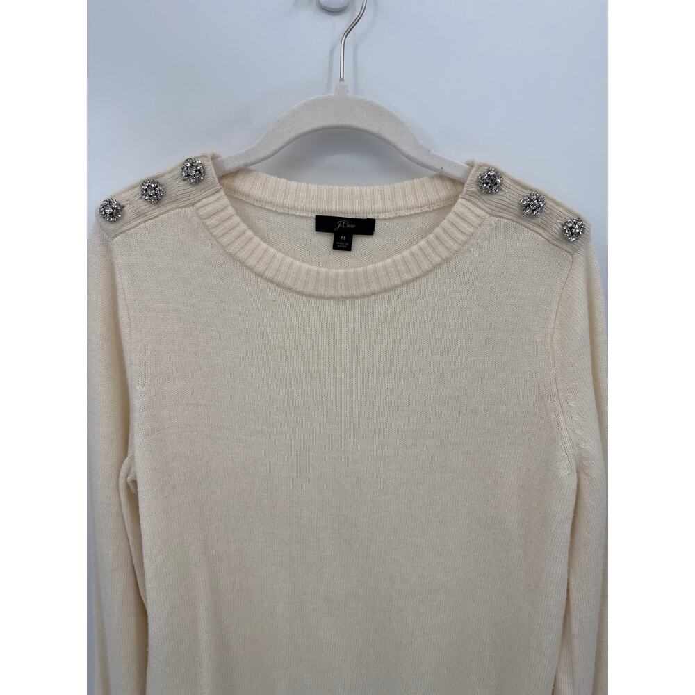 J.Crew Lambs Wool Jewel Button Crewneck Sweater Ivory Size Medium Rhinestone Top - Picture 2 of 7
